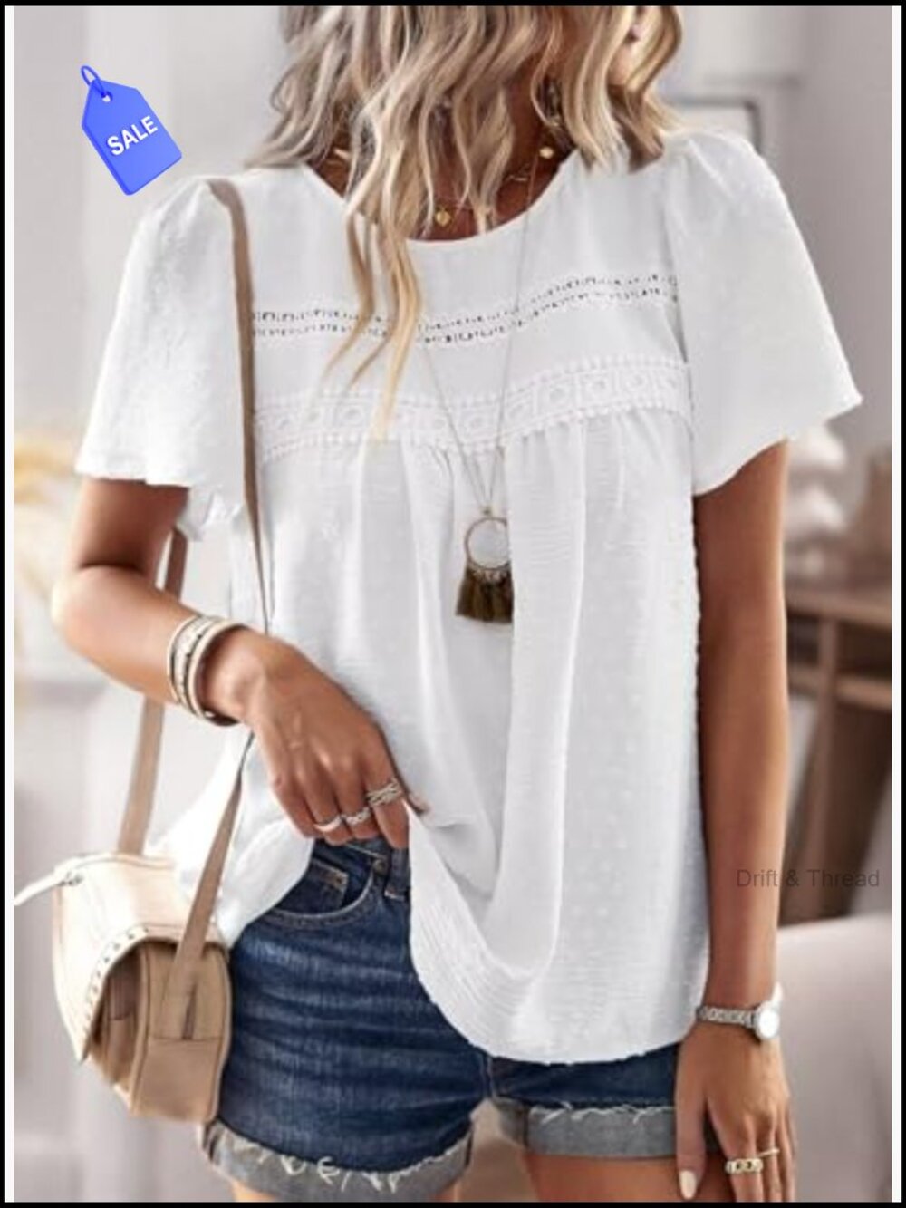 Crewneck Short Sleeve Chiffon Blouse Lace Hem Boho Tunic Loose Fit - Picture 2 of 7